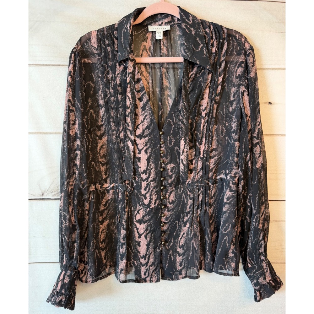 Topshop Women Pink Black Snake Print Sheer Button Front Ruffle Blouse Size 4